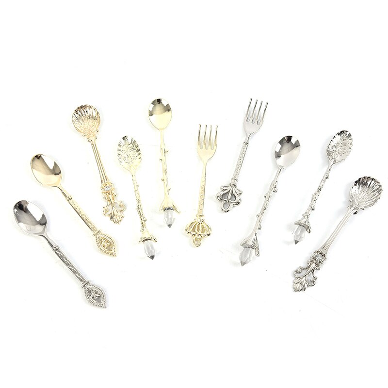 6 st vintage skedar gaffel kunglig stil metall guld snidade kaffe frukt dessert gaffel