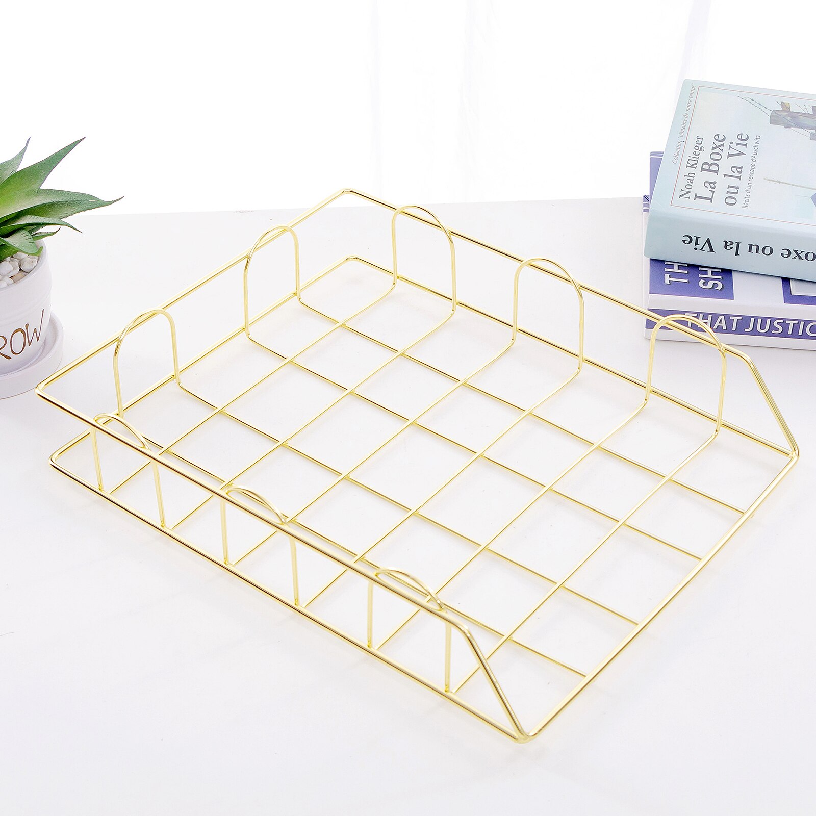 Cesta de almacenamiento apilable de Metal para revistas, organizador de periódico, marco nórdico de oro rosa, escritorio de oficina, cesta de acabado de papel A4: GOLD