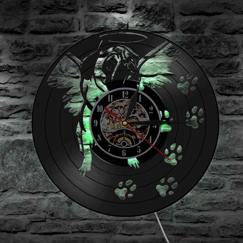 Horloge murale en vinyle pour bouledogue français, avec aile d&#39;ange, Art moderne, Vintage, carlin, chien, décoration de maison, lumineux LED
