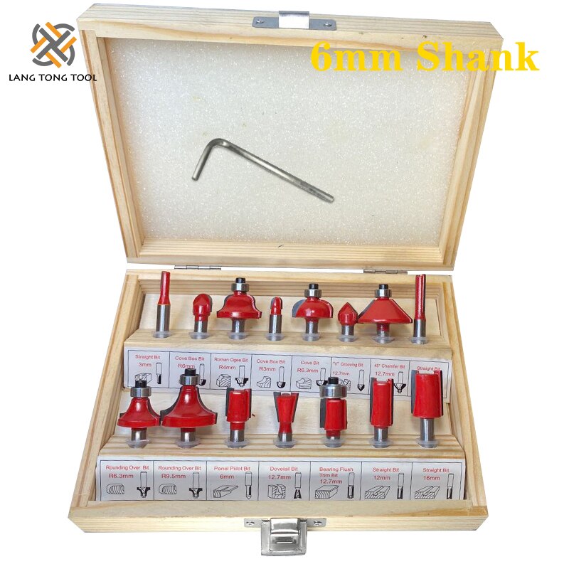 6mm/6.35mm/8mm 15Pcs Router Bit Set Trimming Straight Milling Cutter Wood Bits Tungsten Carbide Cutting Woodworking Trimming: 6mm Wood Case