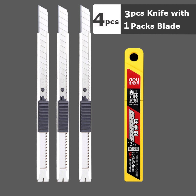Deli Retractable Stationery Utility Knife Small Box Cutter Art Knife 9MM Blades,Auto Lock Carbon Steel Sharp нож School Supplies: 3Silver 1Box Blades