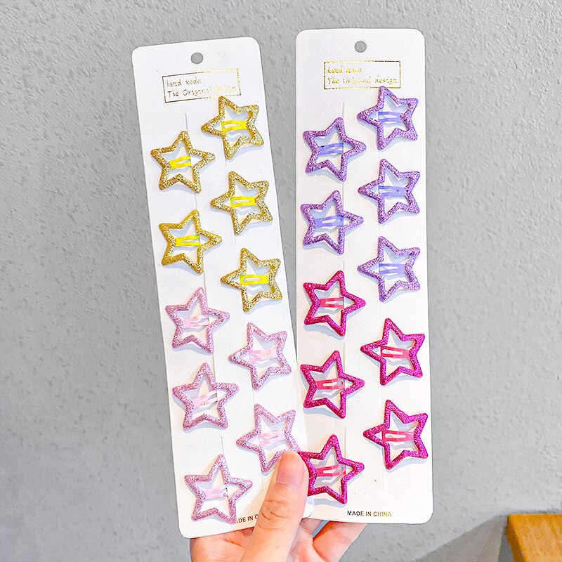 10/12pcs Cute Baby Girl Hair Clips Cartoon Snap Button Candy Color Star Shape Hair Clip Non-Slip Baby Clip Kids Accessories