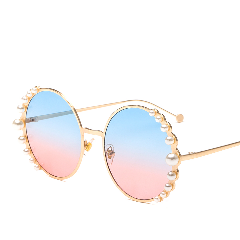 Luksus perle solbriller kvinder metal stel runde solbriller mærke spejl perle solbriller  uv400: G-blå pink