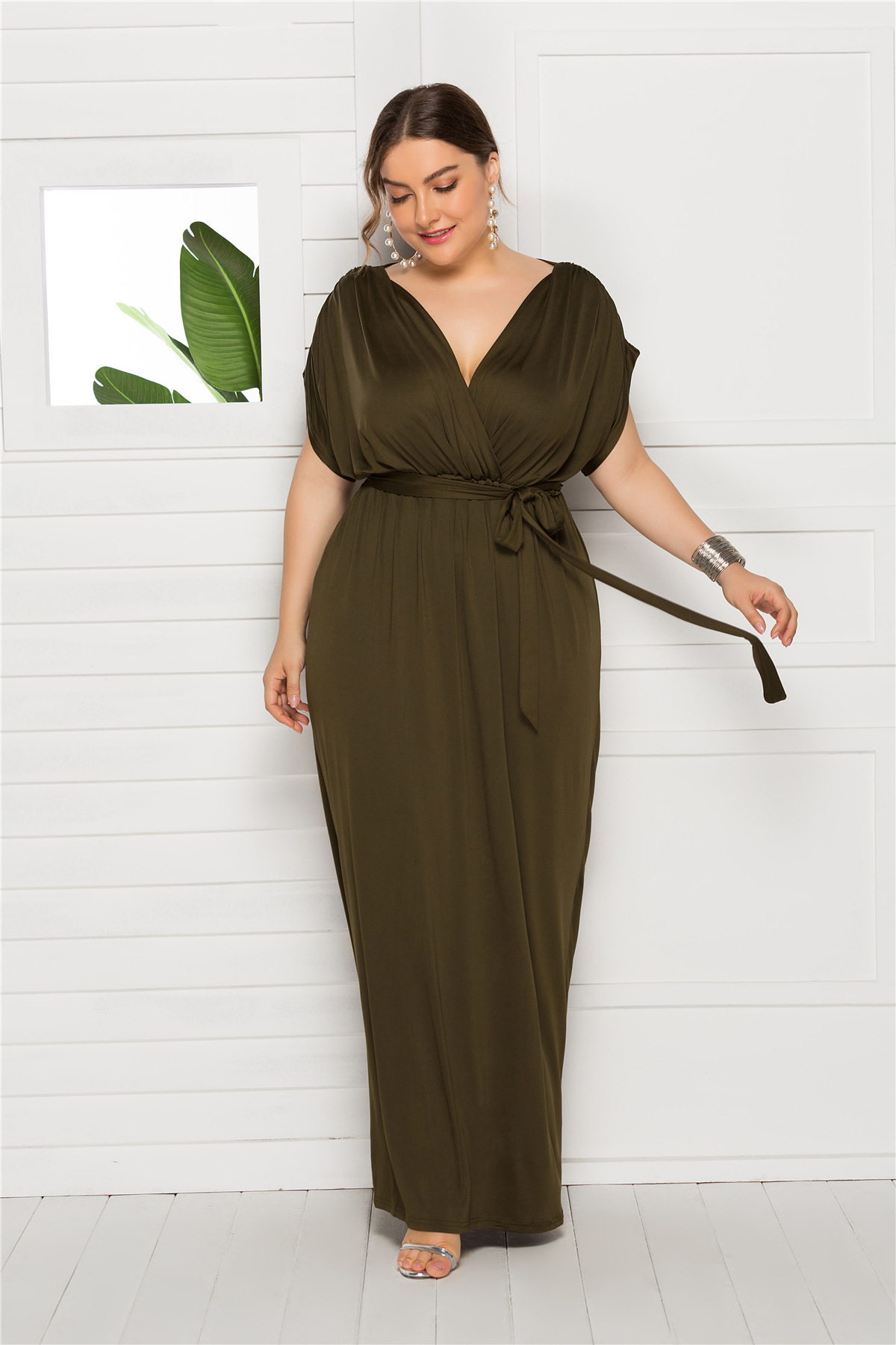 Vestido largo de talla grande para mujer, prenda de manga corta con cuello en V, holgado, informal, talla grande 4XL, 2023: 4XL / Verde