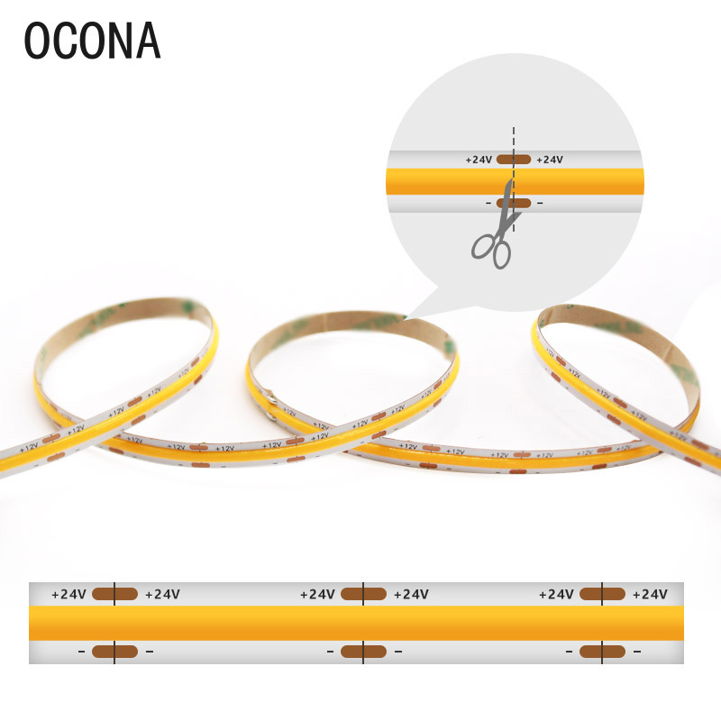 OCONA 5m COB LED Strip Light 8mm High CRI Ra90 Flexible 480 LED Tape Lights Ribbon 12V 24V Warm White Dimmable 5000K