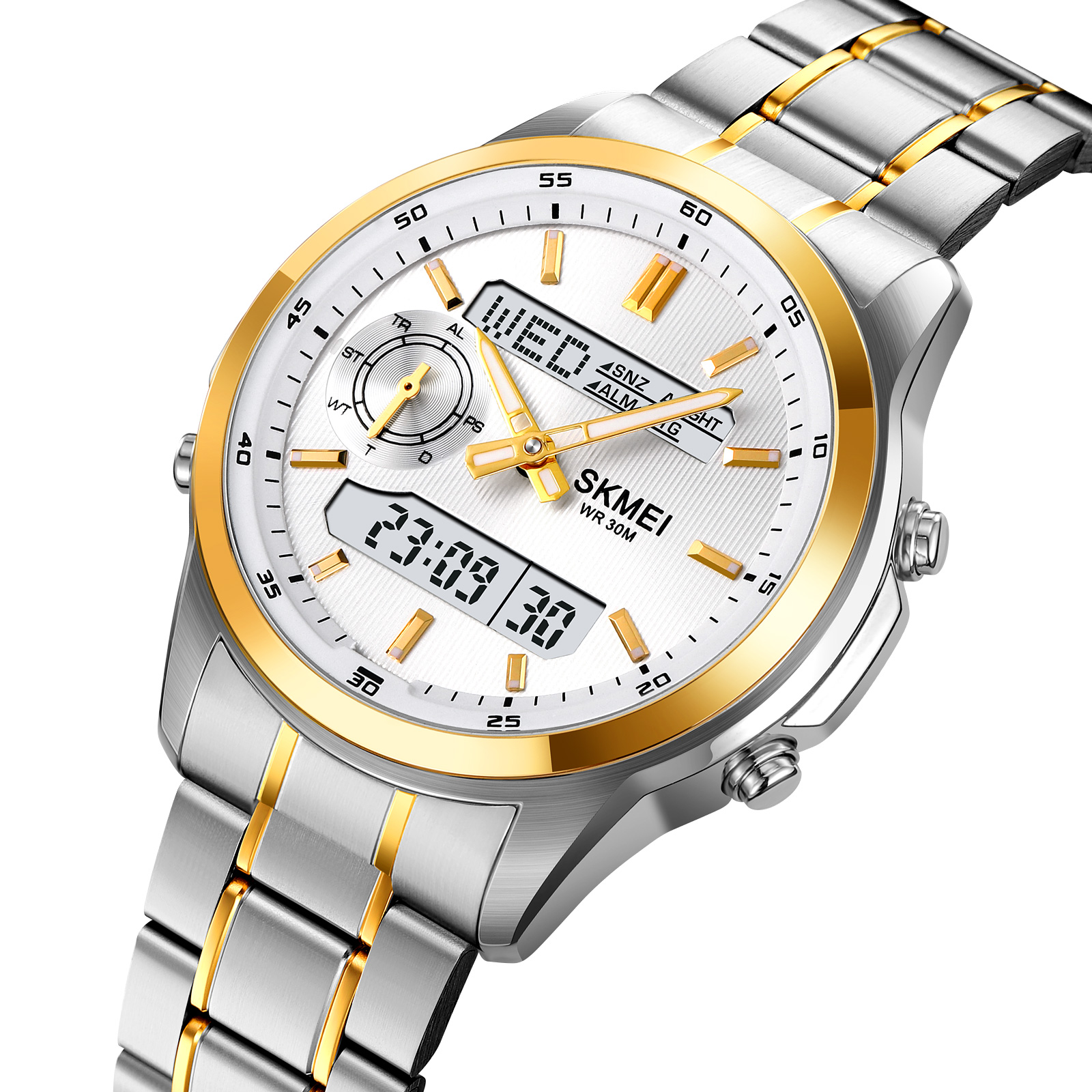 Skmei Herren-Sportuhren mit mehreren Zeitzonen, analoge Digitalanzeige, LED, wasserdicht, Quarz, elektronische Armbanduhr, 4 Wecker: Grey