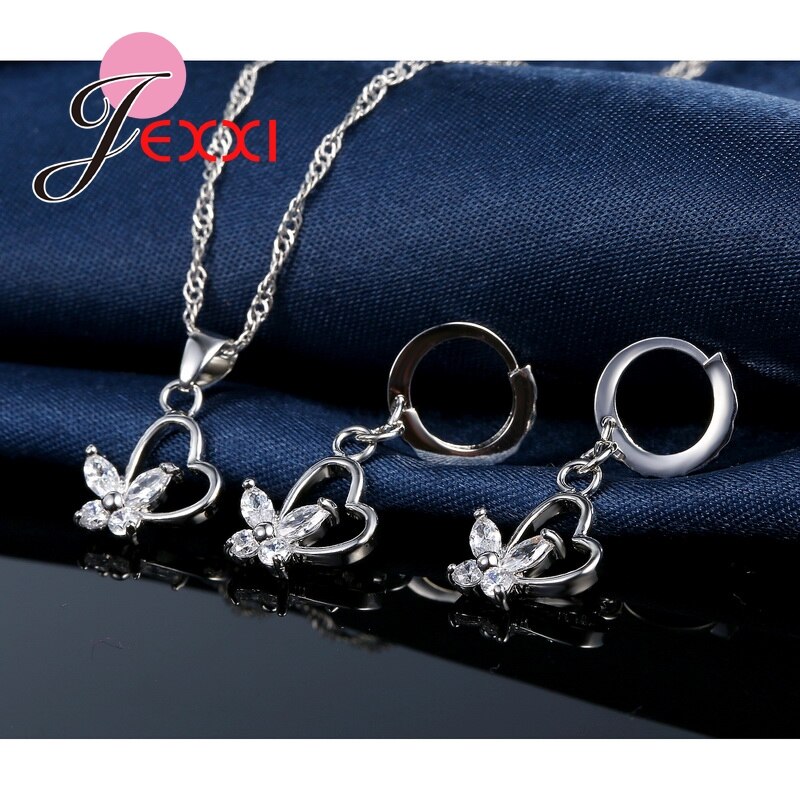 925 Sterling Zilveren Sieraden Set Cz Crystal Liefde Hart Mooie Vlinder Hanger Ketting & Earring Wedding Party Decoratie