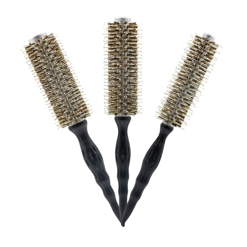 Escova redonda de cabelo profissional para salão de beleza, cerdas de javali de cerâmica, antiestática e resistente ao calor, ferramenta de estilo para cabeleireiro e barbeiro: CINZA