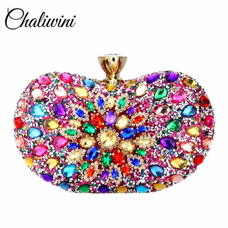 Chaliwini-Bolso de mano Floral de dos lados con diamantes de noche para mujer, bandolera de cristal múltiple, monedero de boda, cartera a juego: Pink