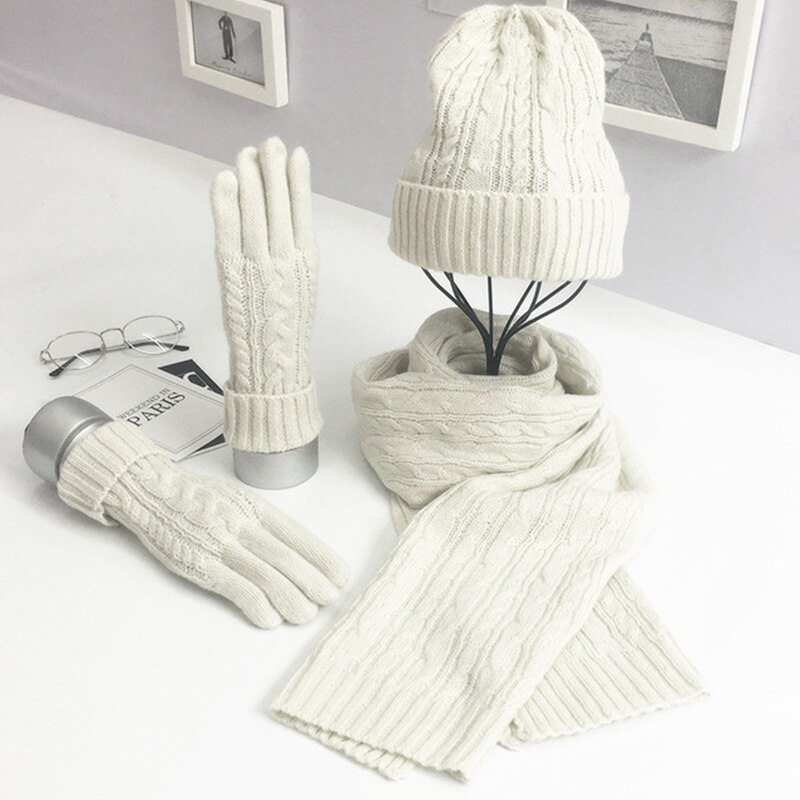 Damehue efterår vinter strik hat damehuer uld 3 stk ensfarvet varm turtleneck uldhat tørklæde handsker sæt: Hvid