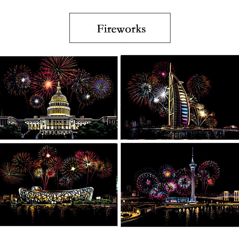 21x29.5 CM 4 Pcs/Set DIY Scraping Painting World Famous Landscape City Building Animals Scratch Painting Drawing Toys: Fireworks