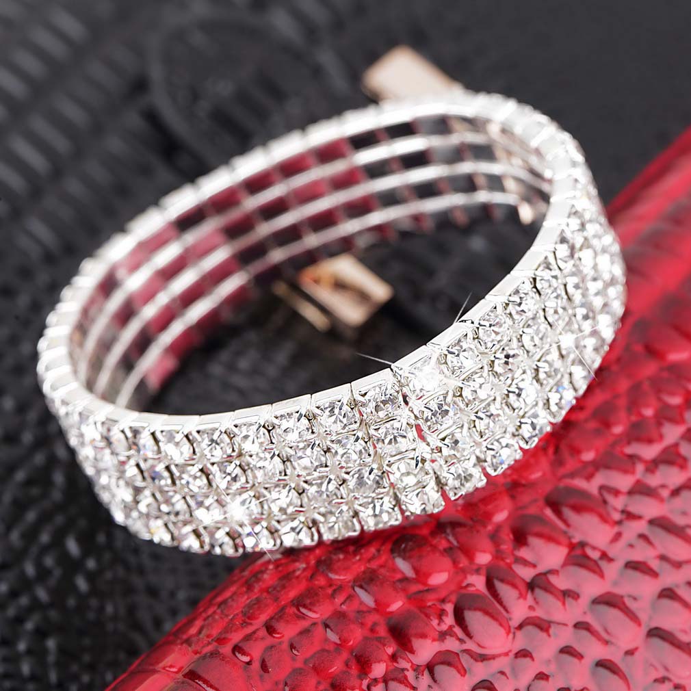 4 Row Stretch Clear Rhinestone Crystal Bridal Bracelets Bangles Wedding Party Jewelry Accessories for Women