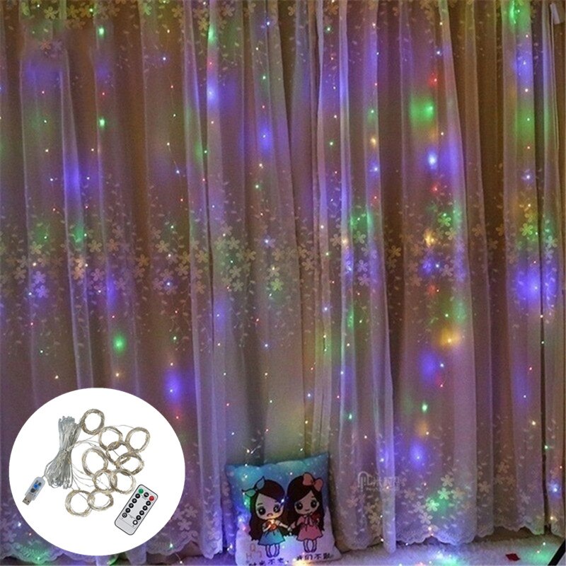 Guirnalda de guirnaldas de luces LED de 3m, lámpara de cortina con Control remoto, cadena de luces USB, adornos navideños para el hogar, dormitorio y ventana: USB Colorful / 3M x 3M