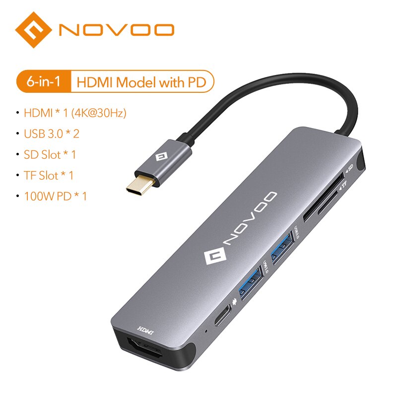NOVOO – Hub 6 en 1 USB 3.0 pour Nintendo Switch Type C vers 4K HDMI 100W PD Thunderbolt 3, adaptateur, Station d&#39;accueil pour ordinateur portable et Macbook: 6-IN-1 Hub PD Model