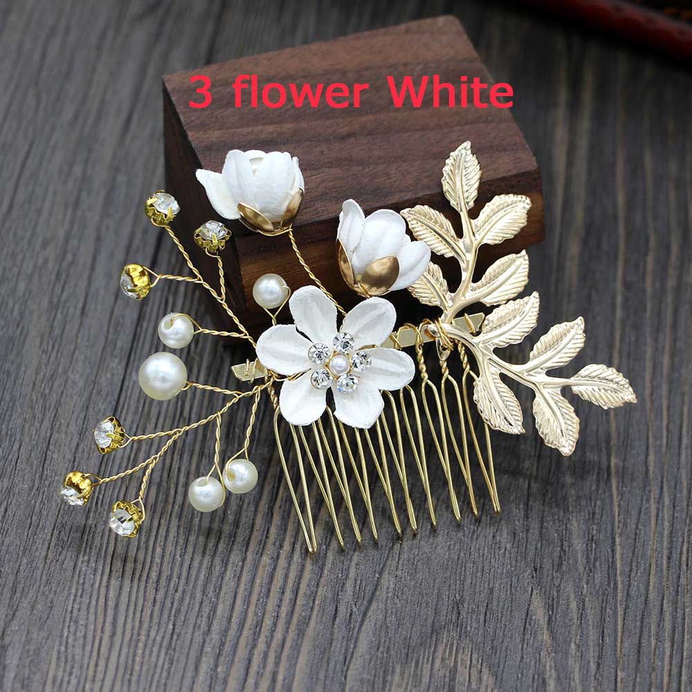 Carddoor biżuteria grzebienie do włosów niebieski czerwony różowy kwiat złote liście szpilki do włosów stroik Prom ślubne akcesoria do włosów: white 3 flower