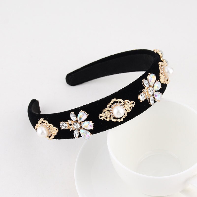 Hair Accessories Baroque Jeweled Pearl Hairband Crystal Rhinestone Bezel Velvet Satin Headband For Women Girls: Pattern 11