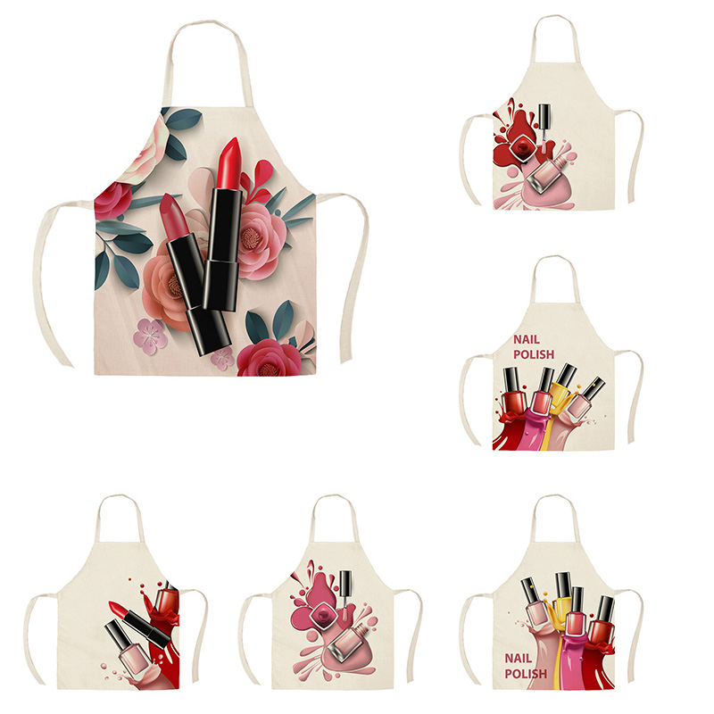 Delantal de algodón y lino con adorable esmalte para uñas, utensilios de limpieza para el hogar, cocina, dibujos animados