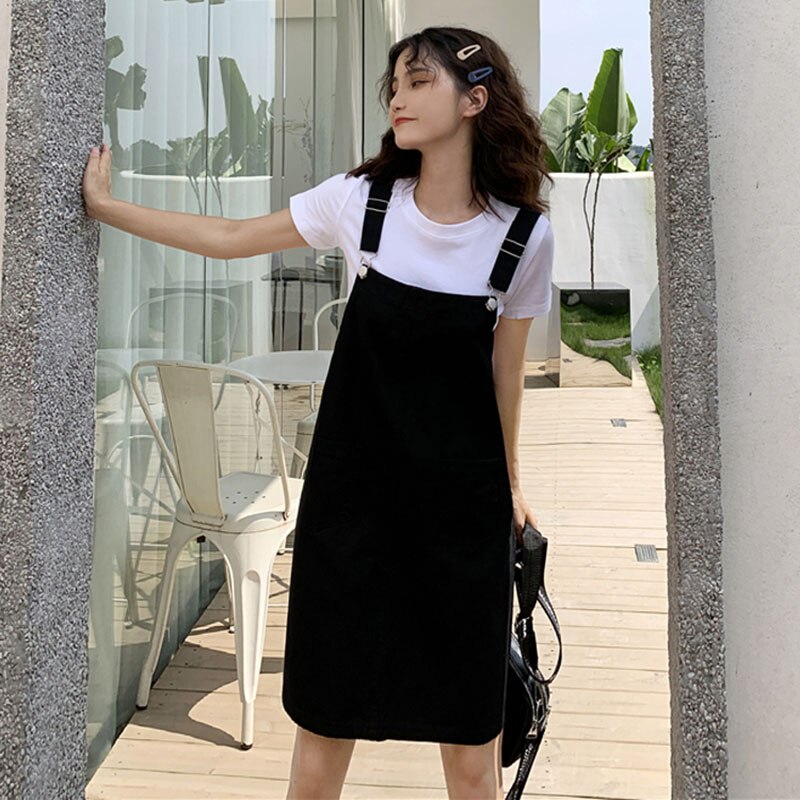 Plus size koreansk stor ficka lösa overaller streetwear femme hängslen dam hängslen svart gul jumpsuit med vida ben kvinnor  kz135: Svart kjol / M