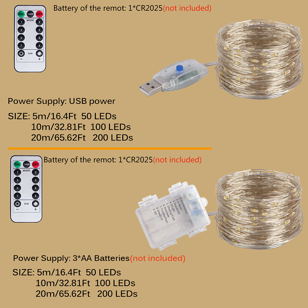 10m/20m led usb/batteri kopparfärgade ljusslingor julgirlang fjärrstyrd ljusslinga för bröllopsfest camping heminredning