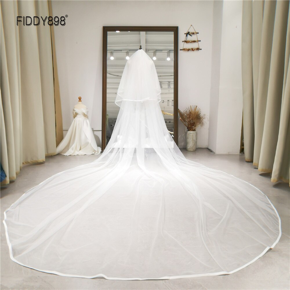 Elegante Bruid Bruiloft Sluier Lange Bridal Veils Met Kam 2 Meter 2 Layer Ribbon Edge Bruiloft Accessoires Voile Mariage welon: about 4m (ivory )