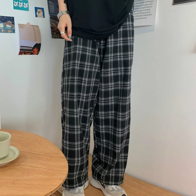 Calças xadrez soltas para as mulheres, casual e chique, oversize, perna larga, harajuku, cintura alta, estilo hip hop, verão, s-3xl