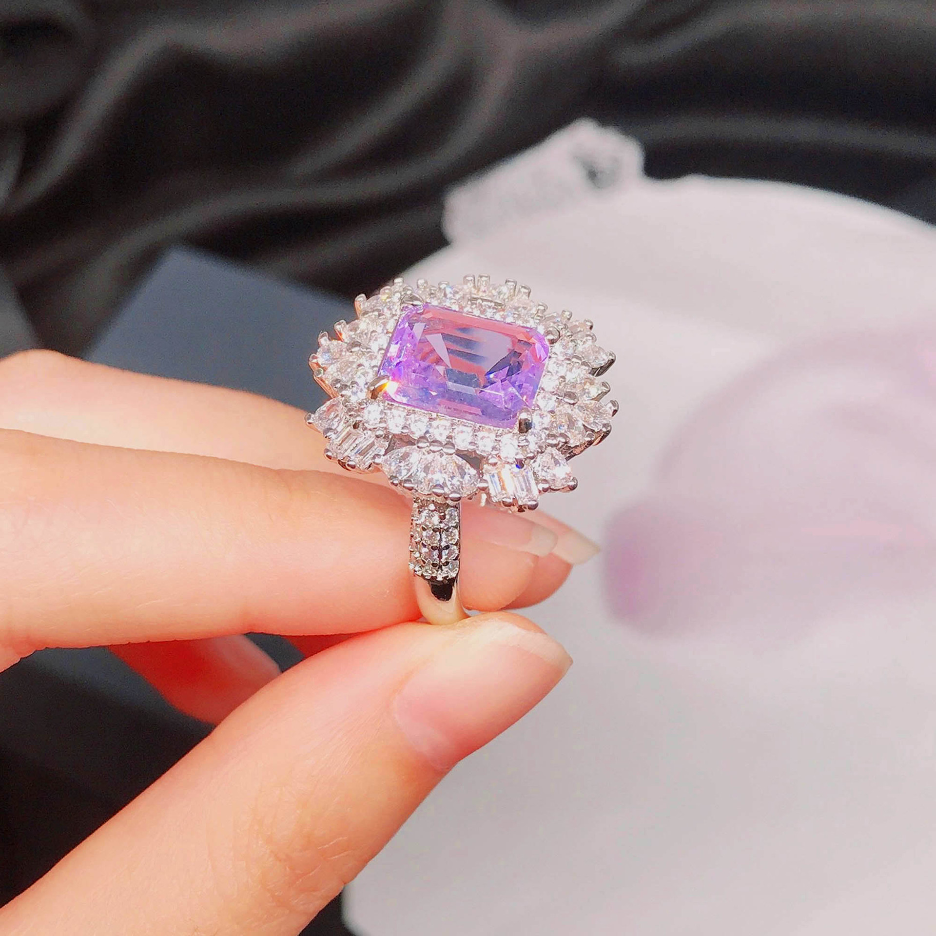 RUZZALLATI Drsign Rectangle Pink 6ct Tanzanite Rings fpr Women Silver Color Wedding Bridal Ring Necklace Jewelry Set