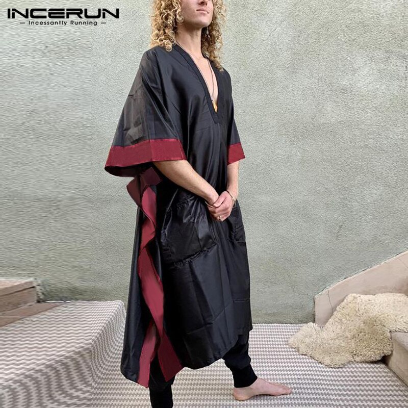 Men Muslim Jubba Thobe Half Sleeve Loose Patchwork V Neck Robes Islamic Arabic Kaftan Casual Men Clothing S-5XL INCERUN