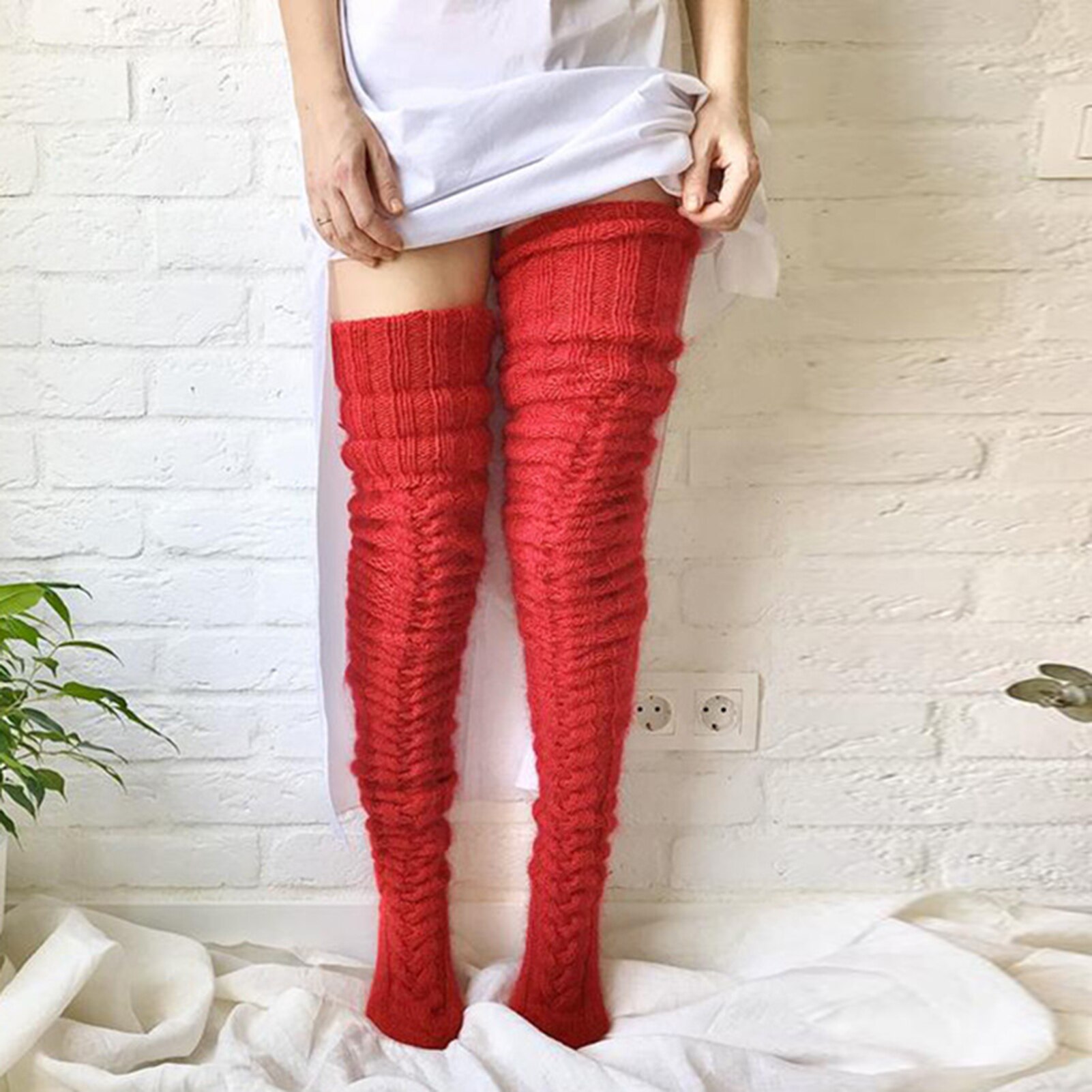 Women Solid Color Knitted Extra Long Socks Over Knee Thigh Stockings Leg Warmers