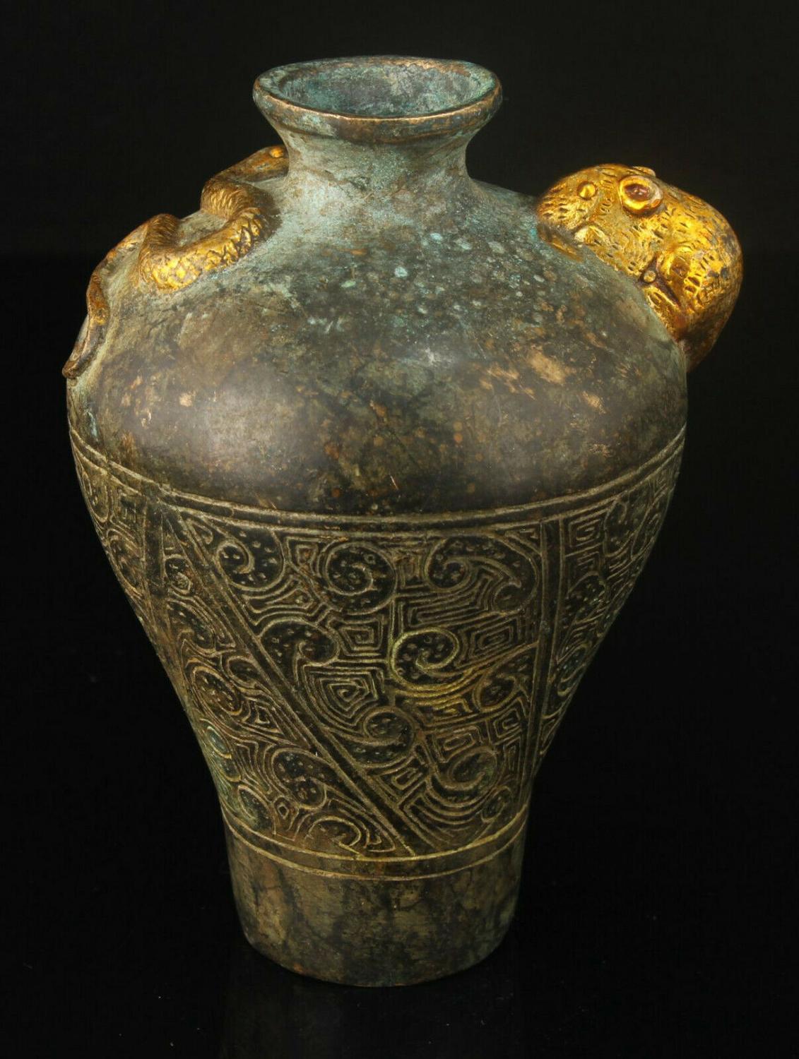 Kina håndværk prægning retro bronze forgyldt slange rotte vase boligdekoration