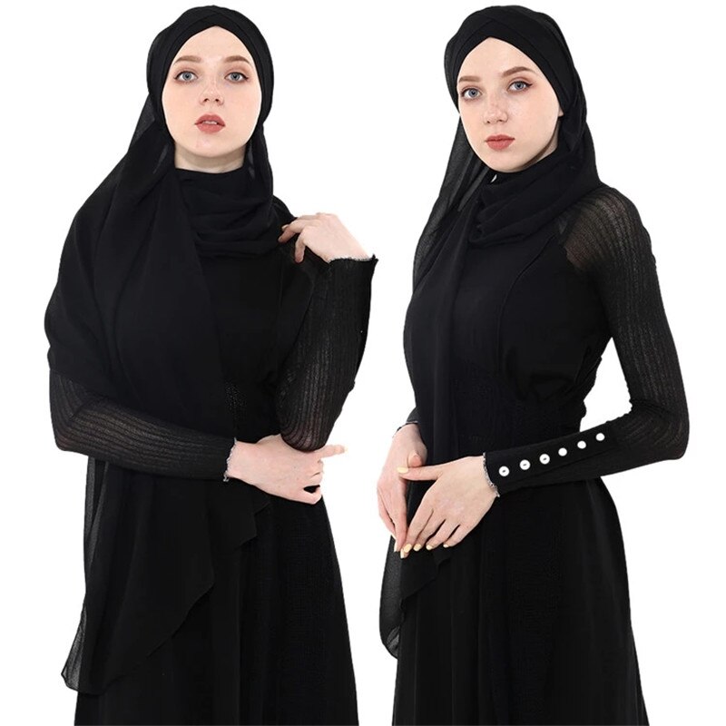 Naiset muslimi huivi pehmeä kiinteä sifonki instant hijab huivit huivi helppo valmistaa islamilainen kääre päähuivit: Musta