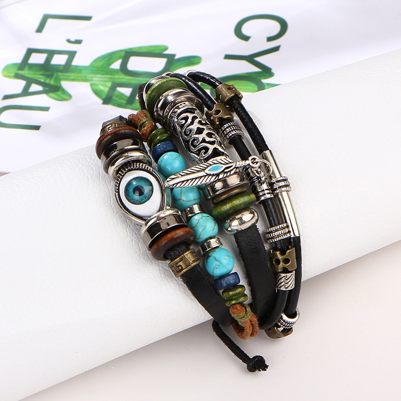 CHENFAN Devil Eye eye bracelet beaded leather bracelet set retro hollow carved bracelet for women Clothing accessories