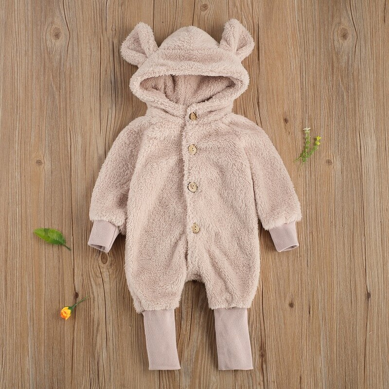Newborn Clothing Solid Long Sleeve Hooded Button Pockets Romper Winter Warm Jumpsuit for Girls and Boys main image 1
