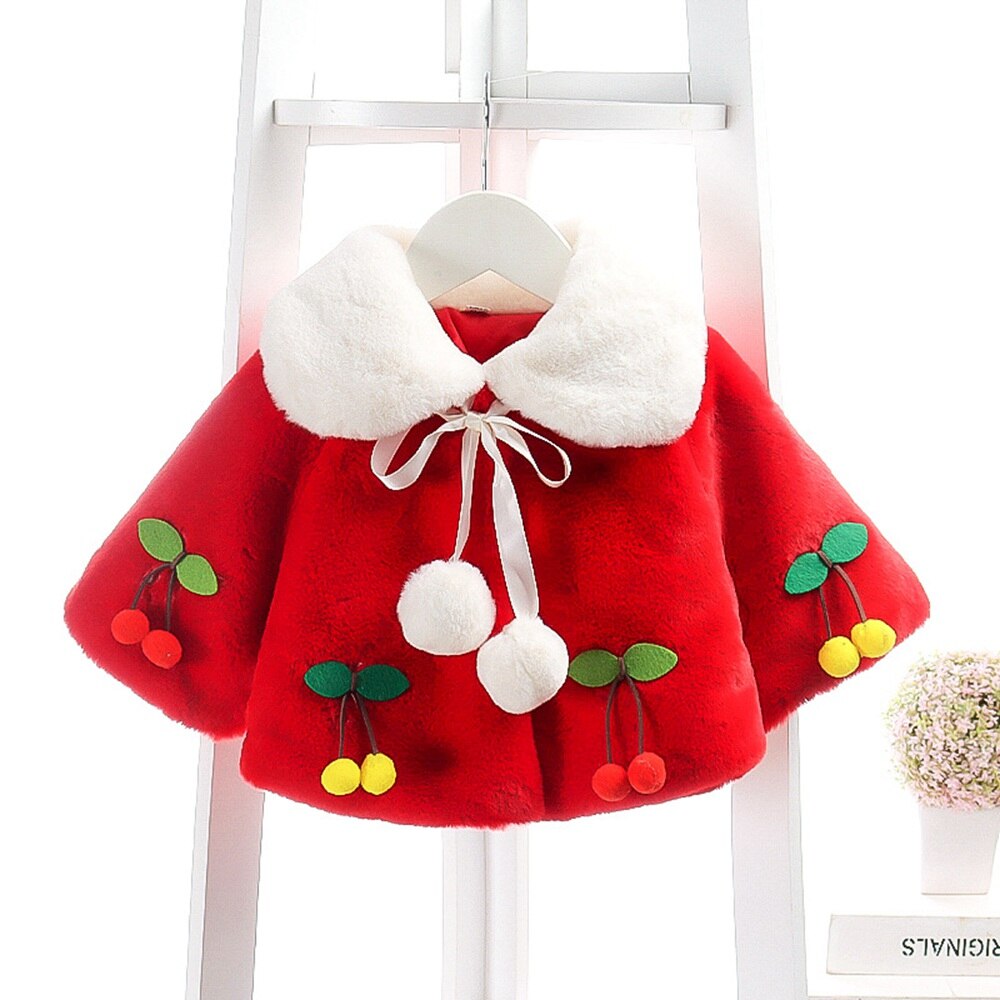 Vinter flickor barn kappa varm sammet fleece cape barn baby spädbarn körsbär bollar prinsessa tjocka ytterkläder mantel  s11467: Röd / 12m