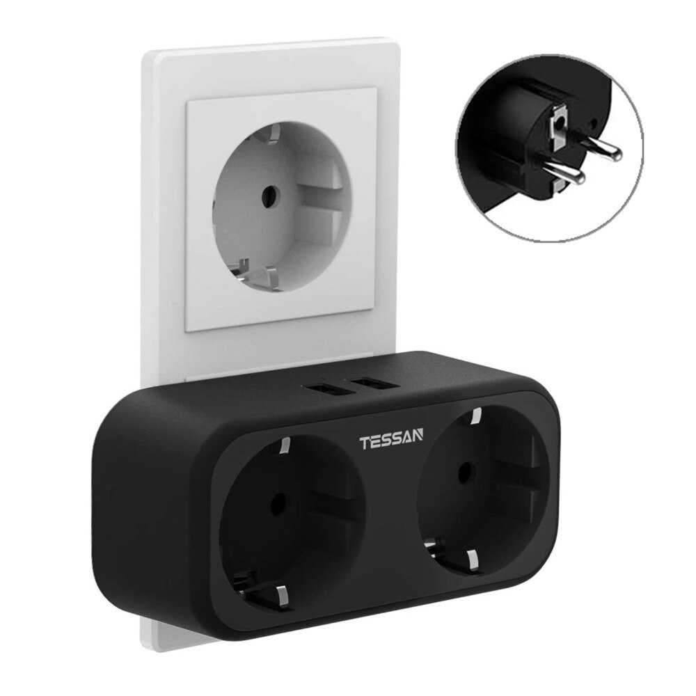 TESSAN – barre d&#39;alimentation d&#39;extension de prise européenne, avec 2 prises EU et 2 Ports de charge USB (5V 2,4 a), prise murale, adaptateur de voyage: TS-321-DE-BK