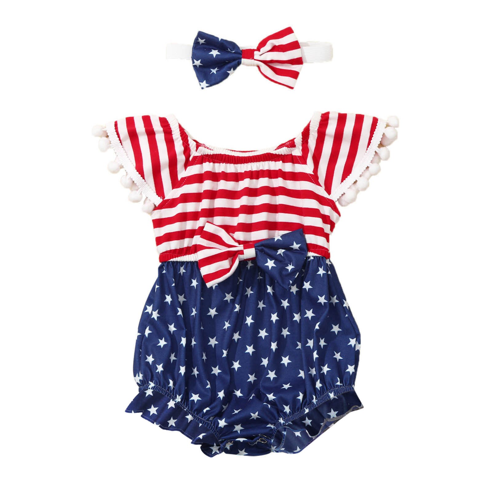 Vêtements pour bébés filles et garçons, body imprimé étoiles et rayures avec nœud à pompon: Red  / 12-18 Months