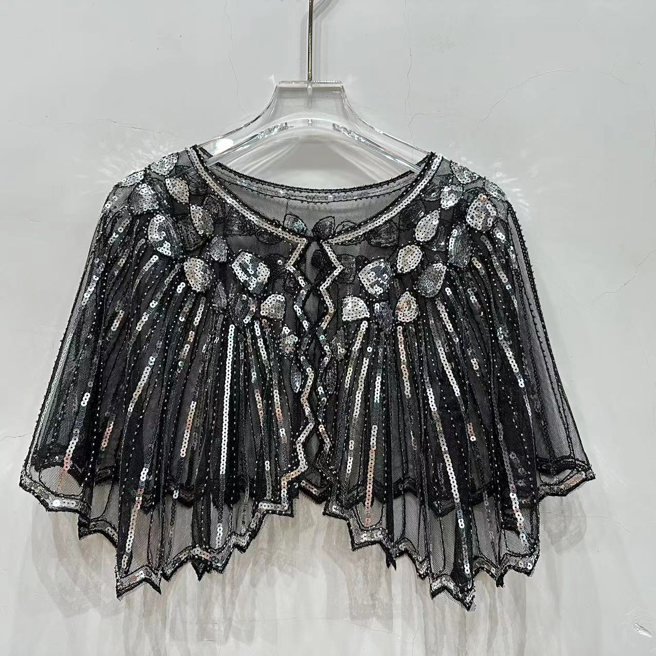 Vintage 1920s flapper xale lantejoulas frisado capa curta frisado decoração gatsby festa malha curto cobrir vestido acessório: Prateado