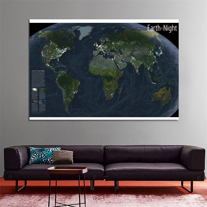 World Atlases Maps 225*150cm World Map Earth at night 2004 Wall Sticker Posters and Prints for Room Office School supplies