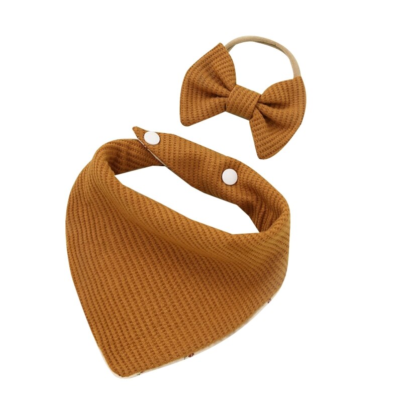 Bavoirs avec nœud papillon pour bébé, 2 pièces, bandeau gaufré, serviette de salive, bandeau triangulaire pour cheveux, Clo G99C: brown