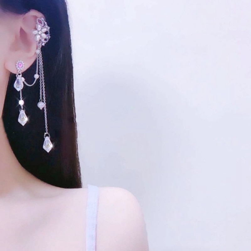 MENGJIQIAO Korean Pink Crystal Long Tassel Earrings For Women Girls Asymmetric Pearl Flower Pendientes Jewelry