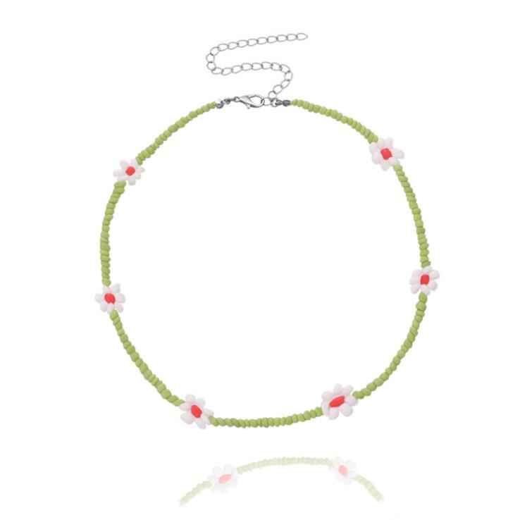 Collier ras du cou court pour femmes, jolie chaîne de perles colorées avec des fleurs de marguerite, bijoux de , coréenne: green white