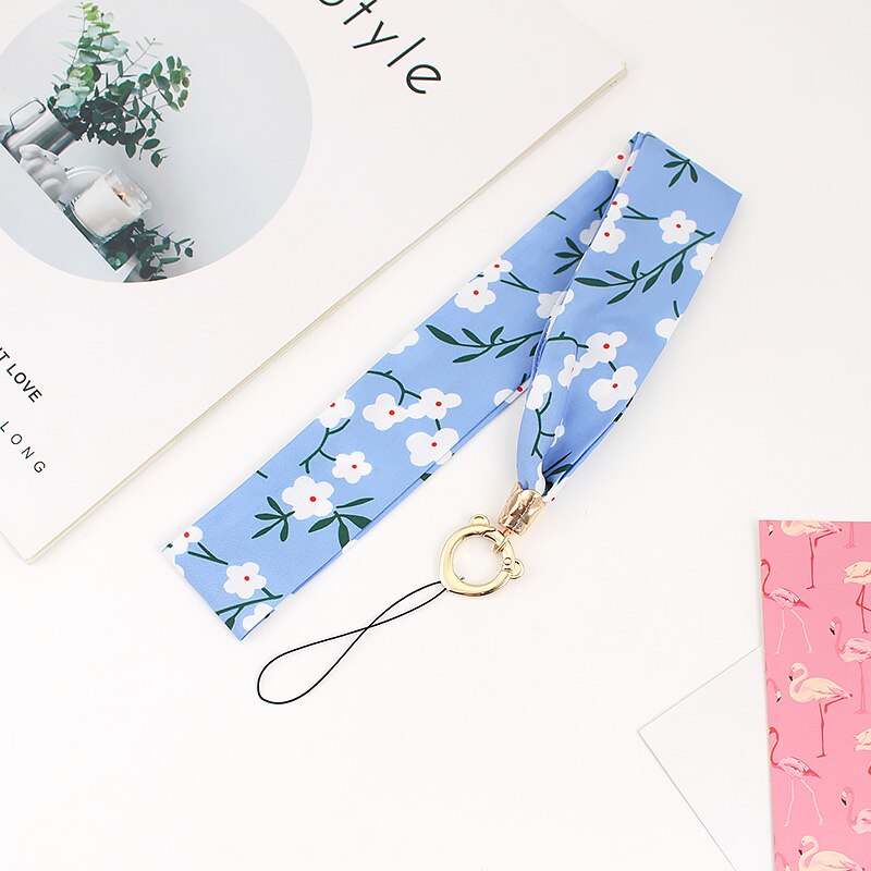 Moda feminina lenço de seda telefone cordão do telefone móvel pescoço cinta temperamento tecido fresco cordão para chaves chaveiro cinta: blue flower
