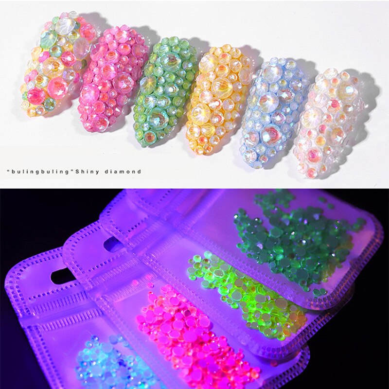 Mixed Size SS6-SS20 Lichtgevende Crystal Nail Art Rhinestone Decoraties 3D Glitter Diamond Jewelly Glow In The Dark Ornamenten 1pack