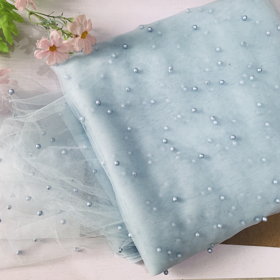 Tissu en Tulle et dentelle perlée, 5 mètres, décoration pour robe, , en Stock, 2022: Light blue 5Y