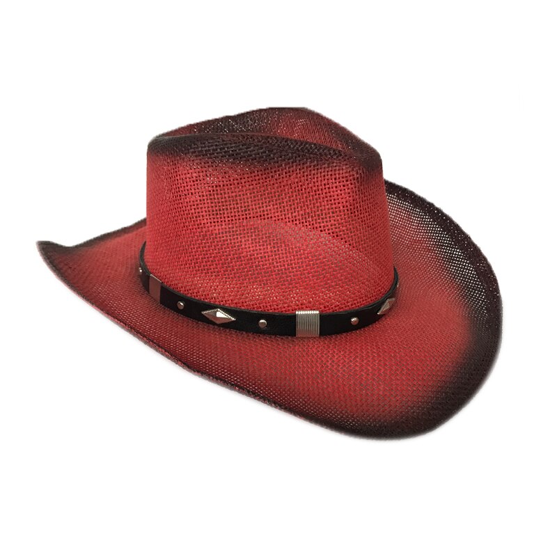 YY Red Cowboy Cap With Wide Brim Men Summer Passionate Sunhats Women Punk Jazz Hat Hollow Breathable Beach Cap CM19015