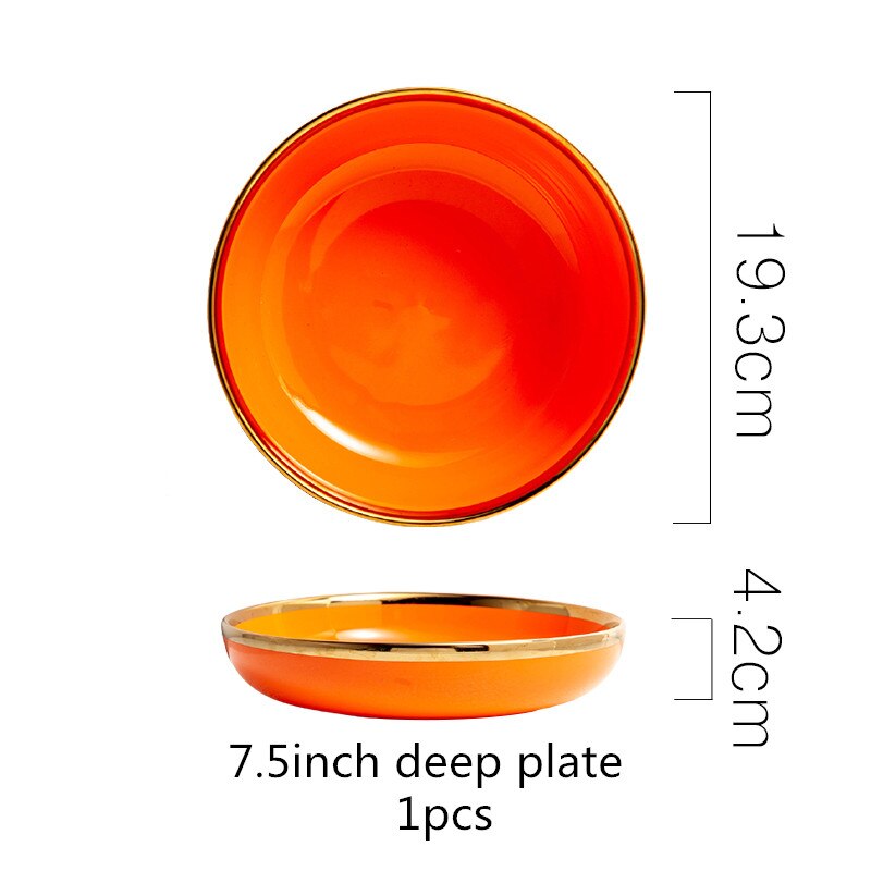 High Grade Bright Orange With Gold Lnlay Plates Steak Food Tray Ceramic Dinner Dish Salad Bowl Mug Porcelain Dinnerware: 7.5inch deep plate