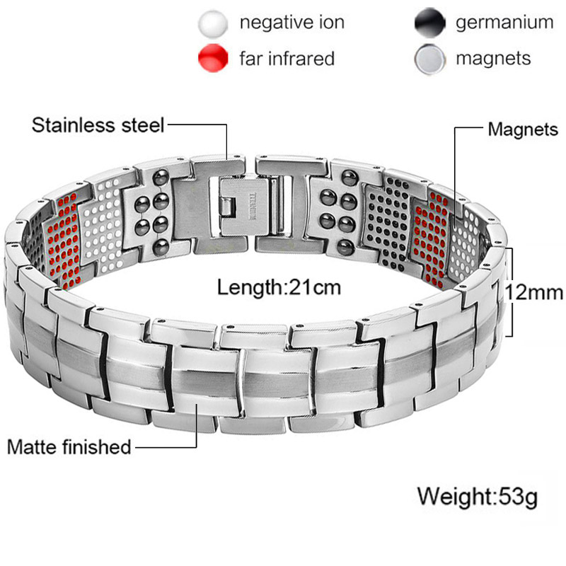 Pulsera magnética de acero inoxidable para hombre, brazalete negro puro 4 en 1 con imanes, iones negativos, germanio, salud, abeto, joyería