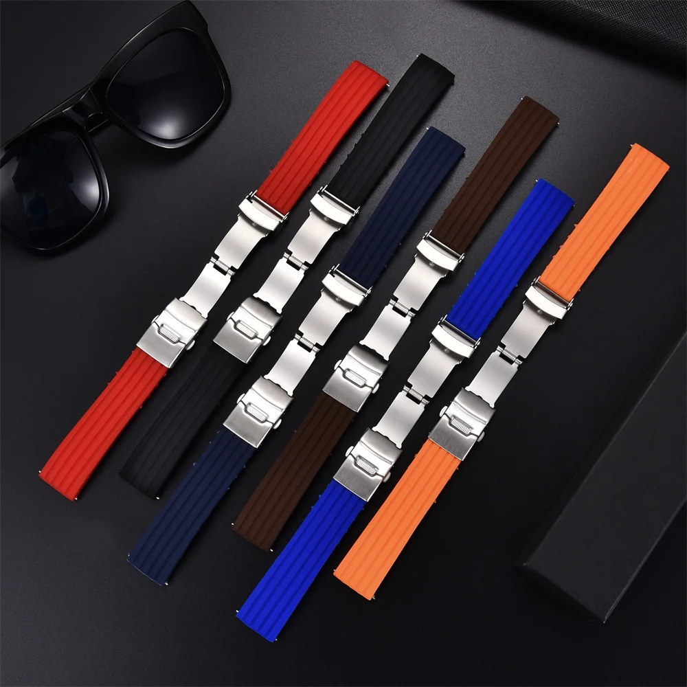 Tire Design Soft Silicone Watchbands Folding Clasp Sport Wristwatch Band Soft Rubber Watch Strap 18mm 20mm 22mm 24mm