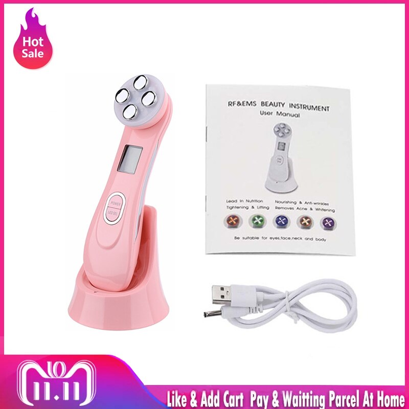 Multifunctional EMS Face Lifting Instrument With RF Radio Frequency Wrinkle Removal Facial Beauty Instrument LED Photon Skin Car: Pink No Box