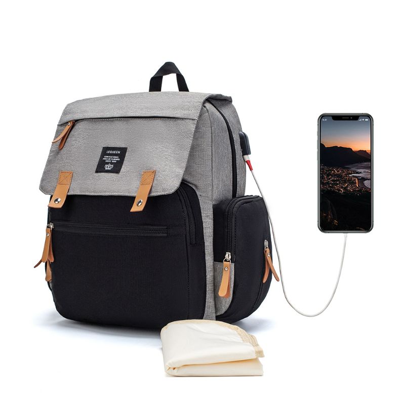 Multifunctional Baby Diaper Mummy Backpack Large Capacity USB Port Nappy Bag: 3TT904178-GY