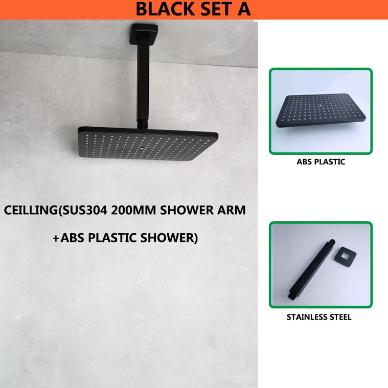 Matt Black Ultra Thin Square 8 Inch 304 Stainless Steel or ABS Top Shower Concealed In Wall Head Shower Set System: ABS Ceiling Set